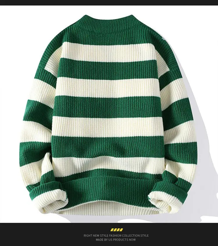 Autumn/Winter Men's Pullover Round Neck Loose Striped Contrast Letter Warm and Thick Casual Fashion Elegant Commuting Knitwear GONZALES ONLINE SHOP