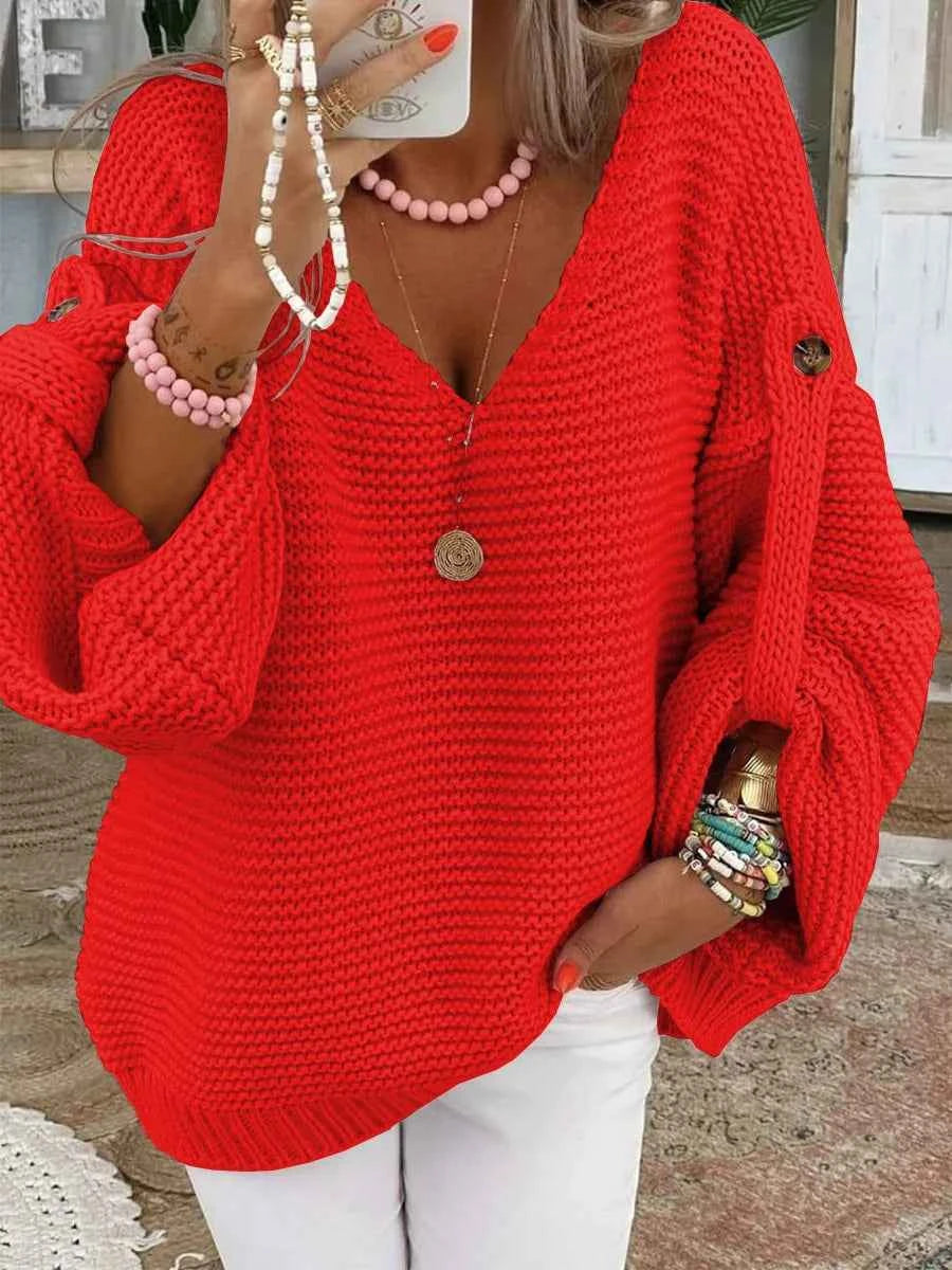 Casual Knitted V Neck Sweater Fall Winter Fashion Button Warm Commuter Jumper Elegant Solid Adjustable Long Sleeve Pullover