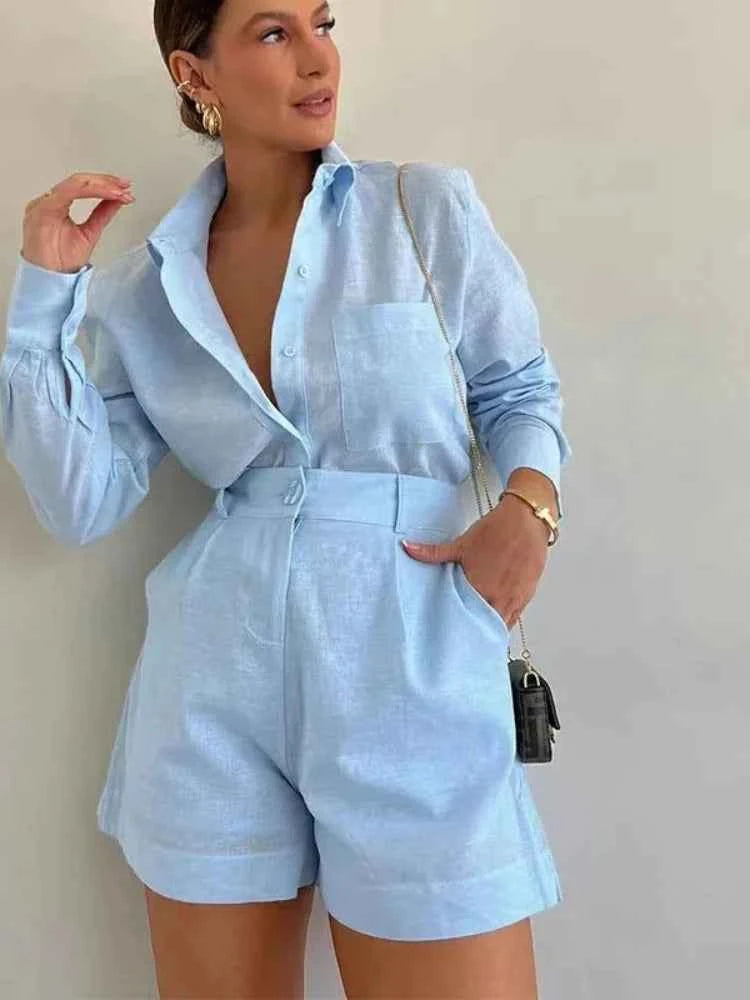 Women Long Sleeve 2 Pieces Sets Casual Simple Button Pockets Short Pant with Shirts Tops 2026 Summer Fashion Suit Female Outfits