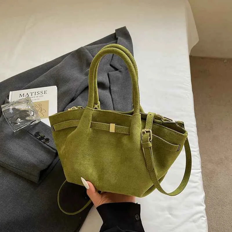 Matte Leather Suede Tote Handbags for Women Large Capacity Retro Shoulder Bag Fall Winter Belt Design Female Crossbody Bags