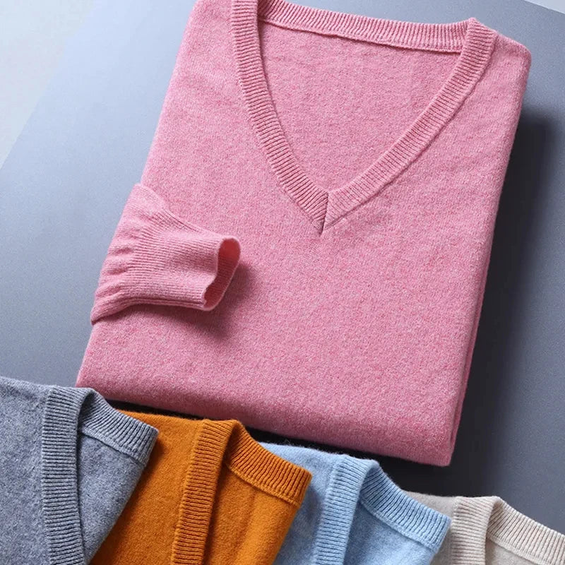 Men Soft Cashmere Sweater V-Neck Cold Resistant Pullovers Loose Knitted Shirt Autumn Winter Korean Popular Woollen Clothes GONZALES ONLINE SHOP