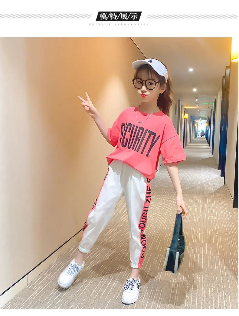 2024 Teen Girls Sport Suit letters short t-shirt + striped Pants Children Set Tracksuit Kids Leggings 5 8 12 9 14 Years Clothing GONZALES ONLINE SHOP