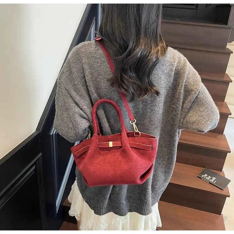 Matte Leather Suede Tote Handbags for Women Large Capacity Retro Shoulder Bag Fall Winter Belt Design Female Crossbody Bags