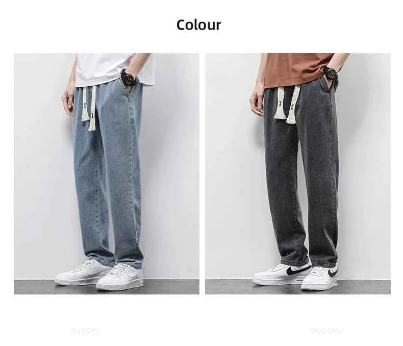 High Quality Fully Elastic Waist Men's Jeans Cotton Soft Drawstring Straight Pants Korea Casual Trousers Male Plus Size S-5XL