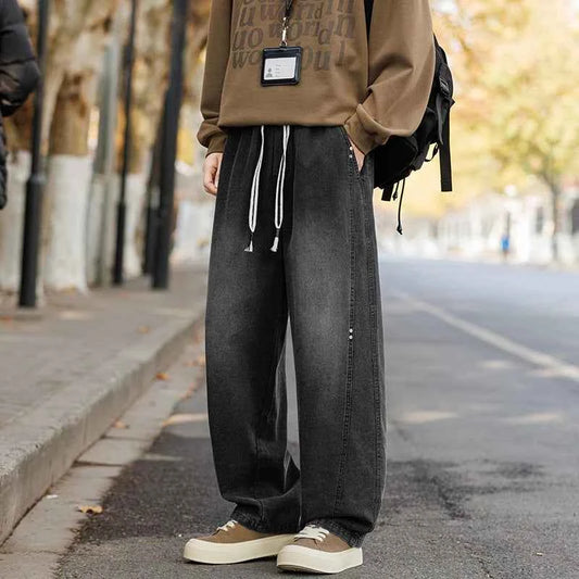 Men's Vintage Washed Wide Leg Jeans Elastic Drawstring Waist Baggy Streetwear Denim Trousers oversized Trousers fit