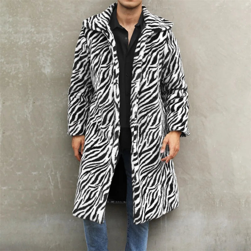 Men’s Faux Fur Coat Winter Warm Long Sleeve Leopard Zebra Print Long Jacket Open Front Overcoat GONZALES ONLINE SHOP