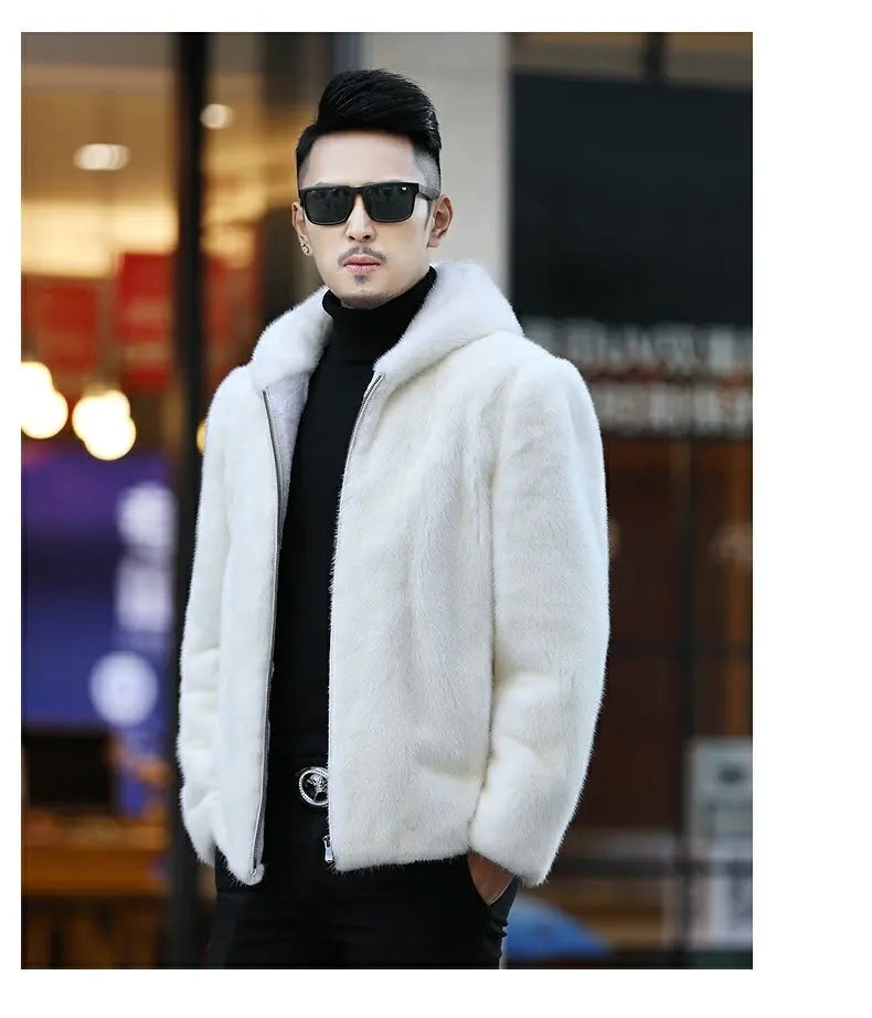 Tcyeek Natural Mink Fur Coat Men's High-end Real Fur Coat Men 2023 Winter New White Whole Mink Fur Hooded Coats Fashion Zipper GONZALES ONLINE SHOP