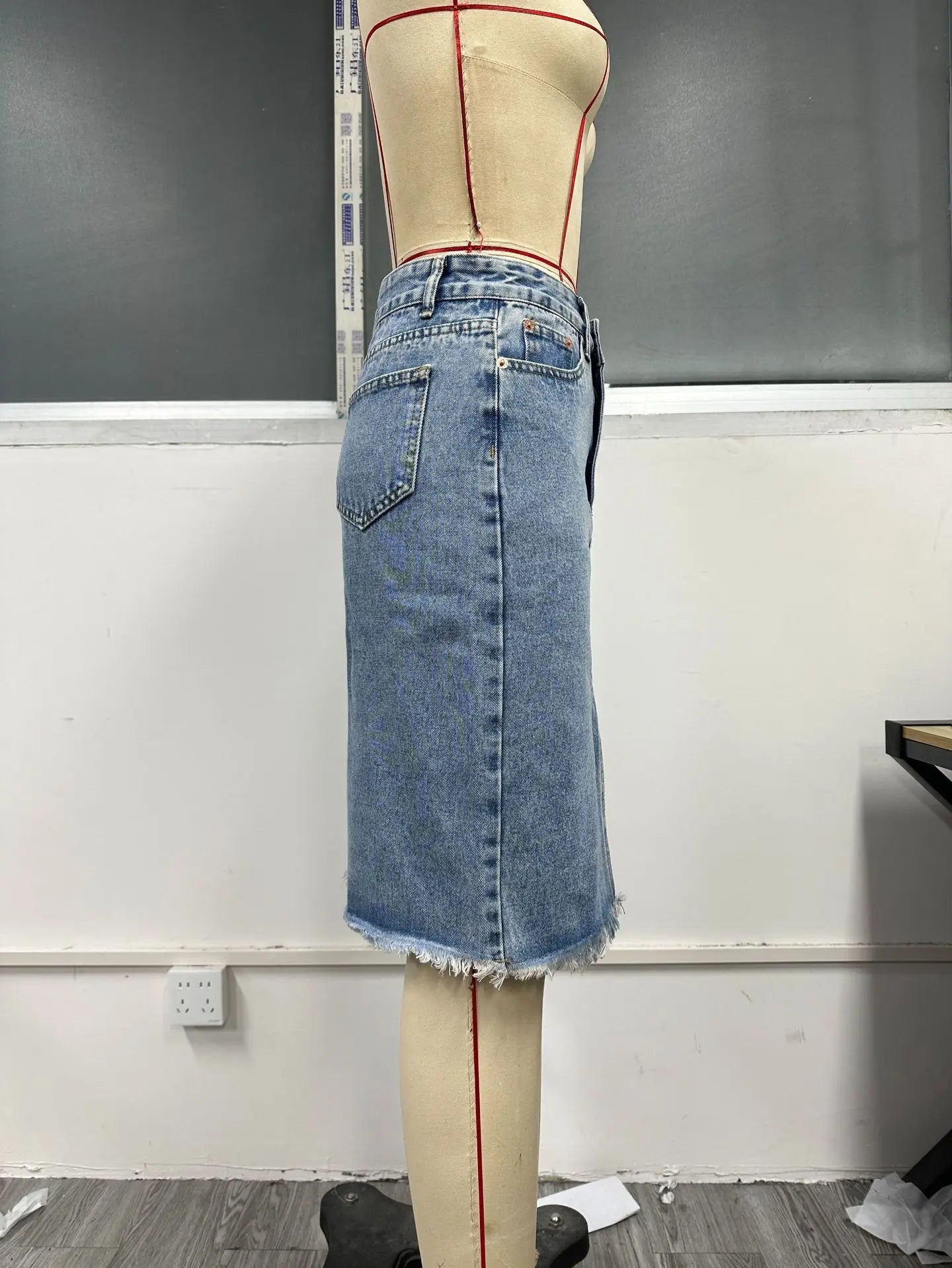 Women Slit Denim Half Skirt Hand Frayed Tassel Raw Edge Skirt Vintage Retro Korean Jean Long Office Lady Slim Fit High Waisted GONZALES ONLINE SHOP