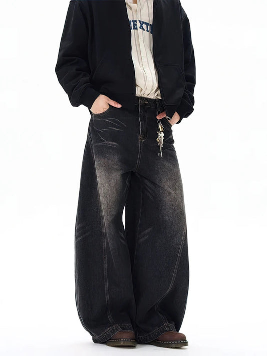 Vintage Black Washed Baggy Jeans Pants Men Wide leg Curved Blade Pants Streetwear Cowboy Casual Denim Straight Trousers GONZALES ONLINE SHOP