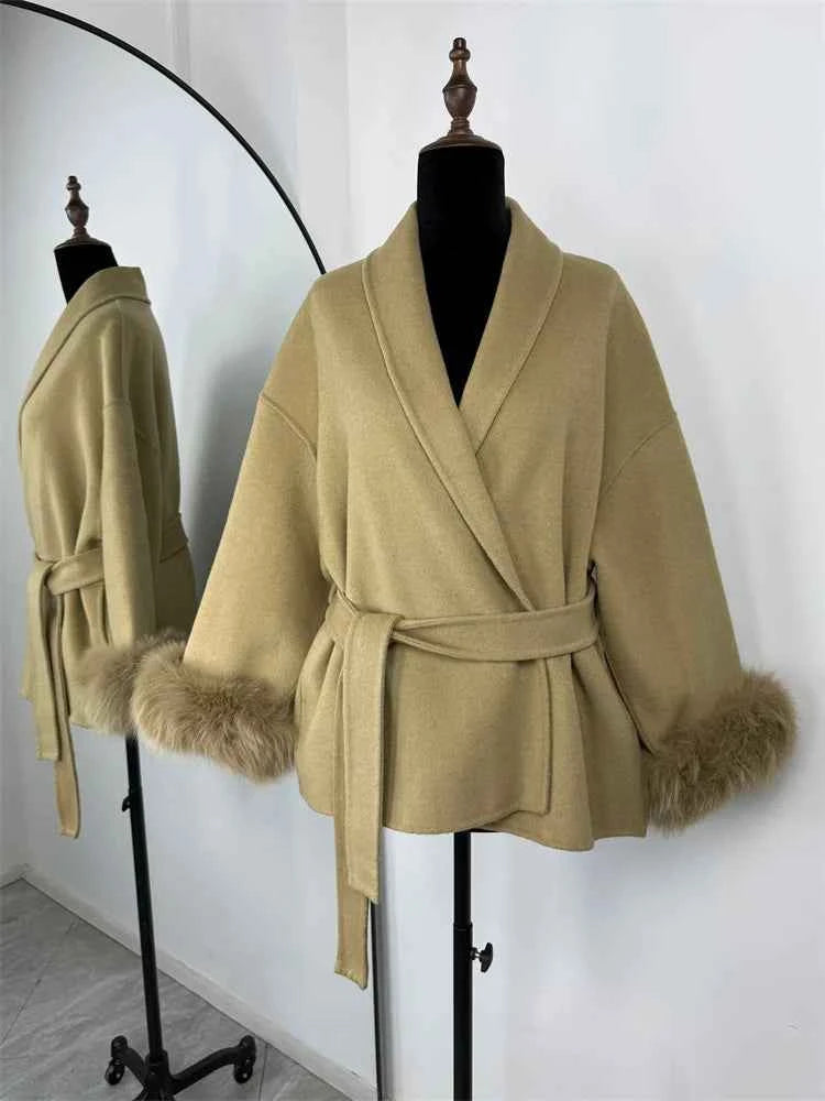 Tossy Fox Fur Wool Overcoat Women's Short Coat Office Lady Elegant Double-sided Woolen Coat 2025 New Cardigan Jackets Loose Wool