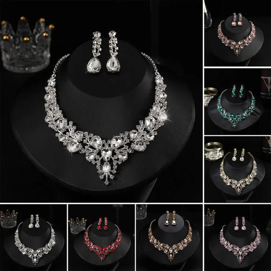 1 Set Wedding Earrings Extension Chain Faux Crystal Rhinestone Inlaid Jewelry Sets Glitter Dinner Women Jewelry Necklace GONZALES ONLINE SHOP