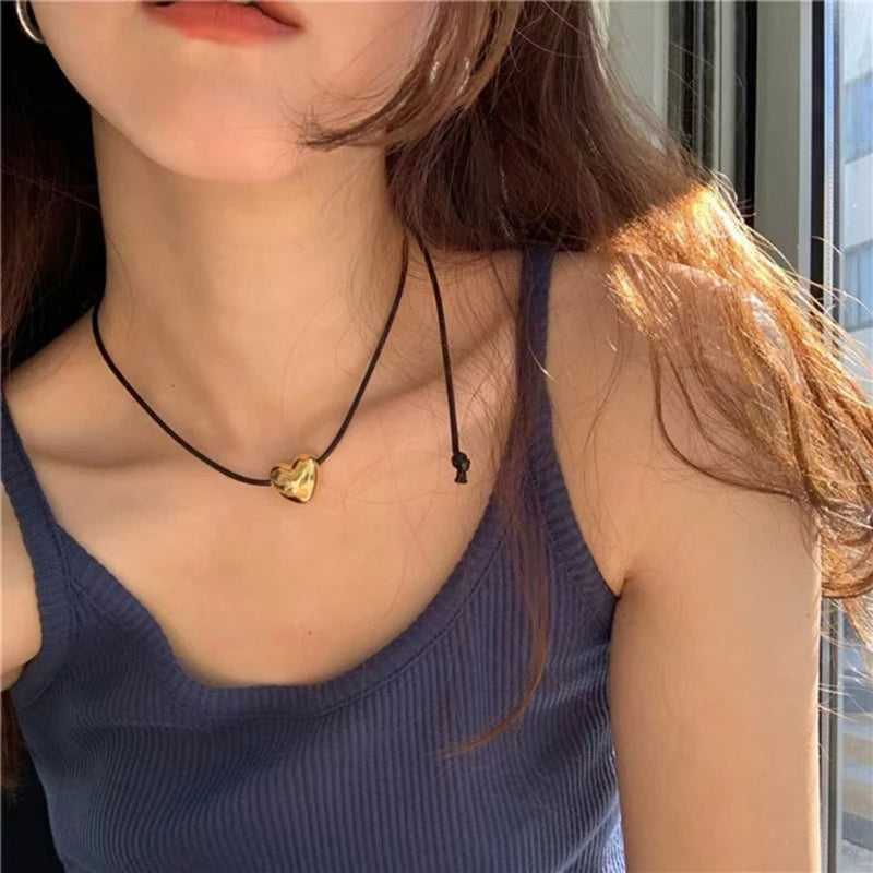 Love Heart Pendant Collar Necklace Short Black Rope Choker Necklace Fashion Jewelry Neck Clavicle Chain Necklace  Dropship GONZALES ONLINE SHOP