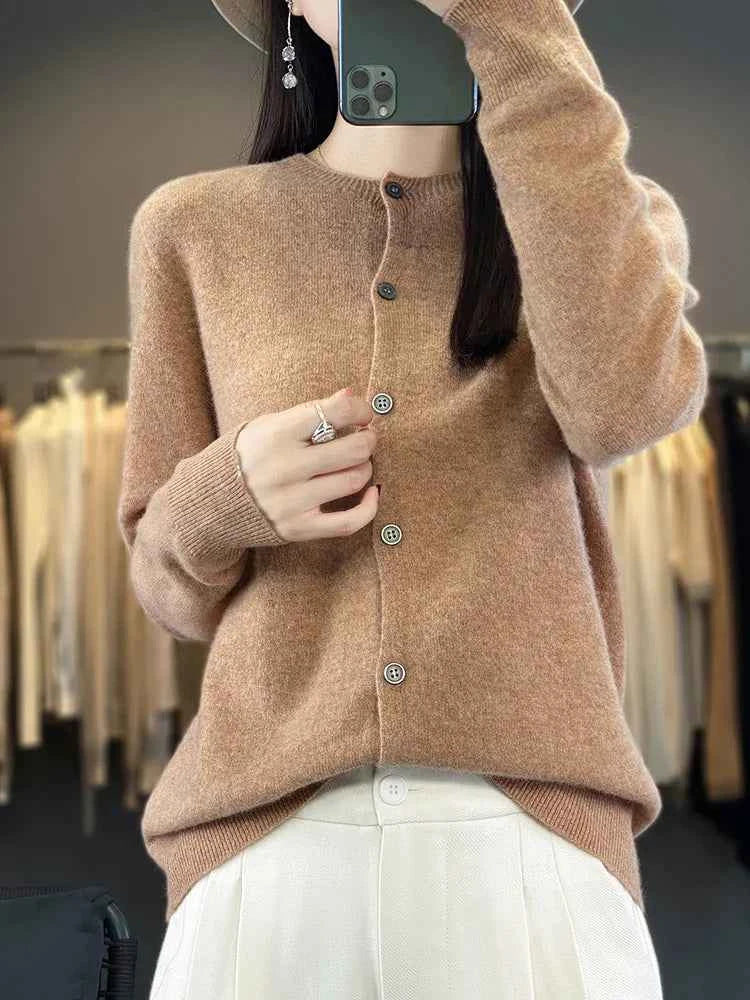 100% Merino Wool Sweater Women O-Neck Cardigan Basic Style  Buttoned Knitwear Female Casual Autumn Winter Soft Tops