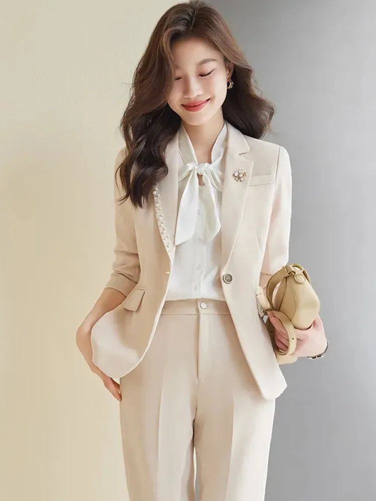 Women Office Suit 2 Pieces Sets Elegant Chic Design Ol Slim Long Sleeve Coats Tops Korean Formal High Waist Straight Pants 2024 GONZALES ONLINE SHOP