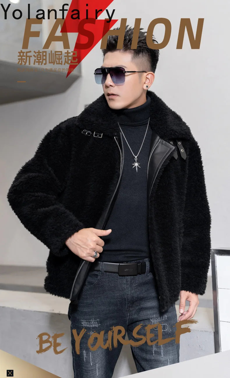 YOLANFAIRY Natural Wool Mens Real Fur Coat Winter Clothes Shearling Jackets for Men Cropped Leather Jacket Loose Fit Бомбер 2024 GONZALES ONLINE SHOP