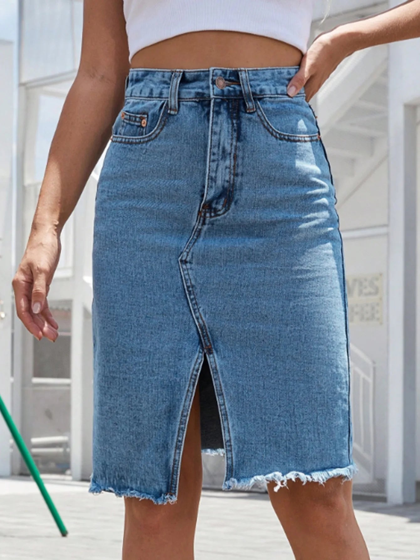 Women Slit Denim Half Skirt Hand Frayed Tassel Raw Edge Skirt Vintage Retro Korean Jean Long Office Lady Slim Fit High Waisted GONZALES ONLINE SHOP