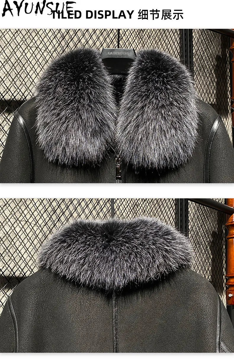 AYUNSUE Mens Natural Fur Jacket Sheepskin Genuine Leather Jacket Men Warm Real Fur Coat Winter Clothes Sliver Fox Fur Collar GONZALES ONLINE SHOP