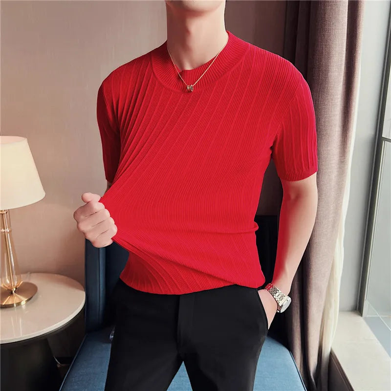 Men's High-End Casual Short Sleeve knitting Sweater/Male High collar Slim Fit Stripe Set head Knit Shirts Plus size S-4XL GONZALES ONLINE SHOP