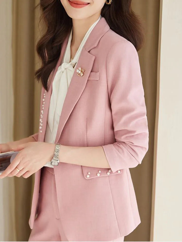 Women Office Suit 2 Pieces Sets Elegant Chic Design Ol Slim Long Sleeve Coats Tops Korean Formal High Waist Straight Pants 2024 GONZALES ONLINE SHOP