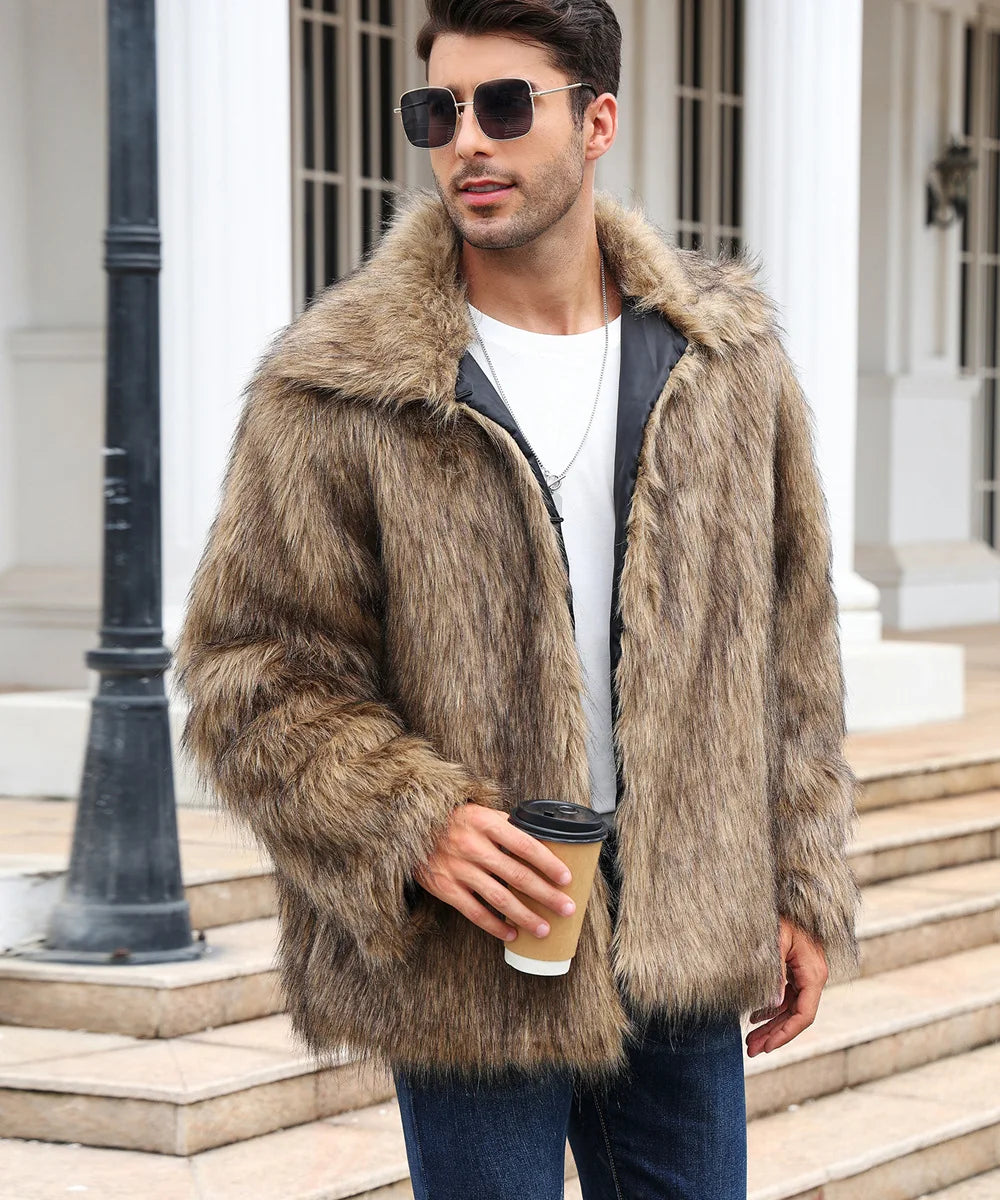 Men Faux Fox Fur Jacket Coat Winter Thick Fluffy Long Sleeve Lapel Warm Shaggy Outerwear Luxury Fur Jacket Bontjas Jackets Mens GONZALES ONLINE SHOP