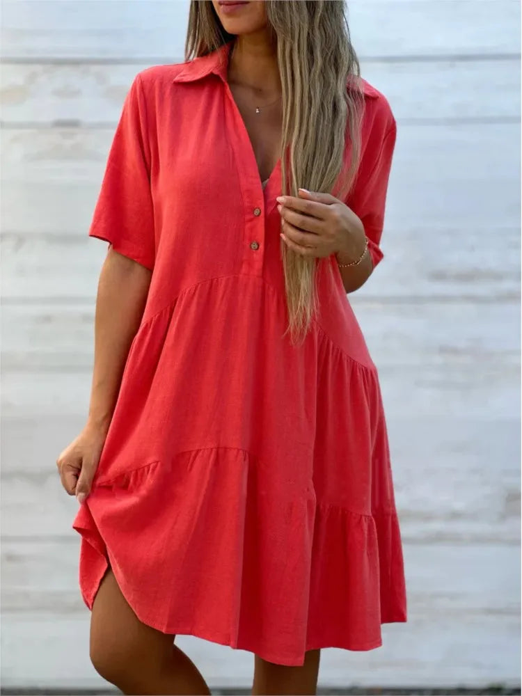 Loose Solid Casual Cotton And Linen Dress Women Summer Short Sleeve Ruffle Stitching Button Shirt Dress Women's Holiday Clothing GONZALES ONLINE SHOP