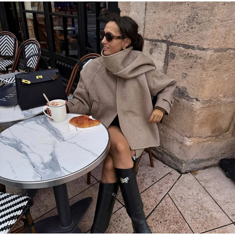 Fashion Solid Woolen Coat With Scarf Elegant Long Sleeve Single Breasted Pockets Jackets 2024 Winter Female Chic Street Outwear GONZALES ONLINE SHOP