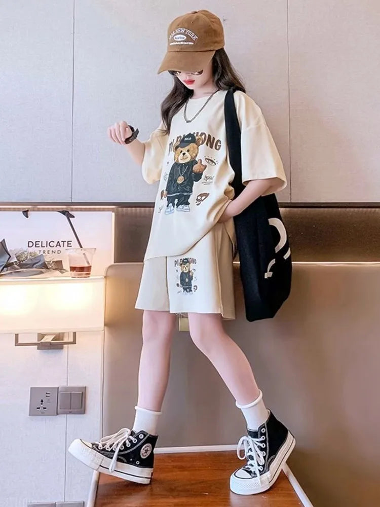 T-shirt+Shorts 2-piece Clothes Sets Kids Girls Fashion Korean Style Cartoon Bear Summer Sports Casual Outfit Suit 1-12 Year Old GONZALES ONLINE SHOP