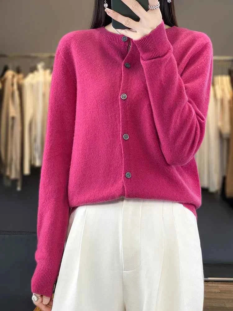 100% Merino Wool Sweater Women O-Neck Cardigan Basic Style  Buttoned Knitwear Female Casual Autumn Winter Soft Tops