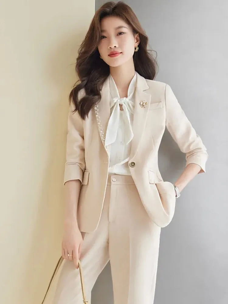 Women Office Suit 2 Pieces Sets Elegant Chic Design Ol Slim Long Sleeve Coats Tops Korean Formal High Waist Straight Pants 2024 GONZALES ONLINE SHOP