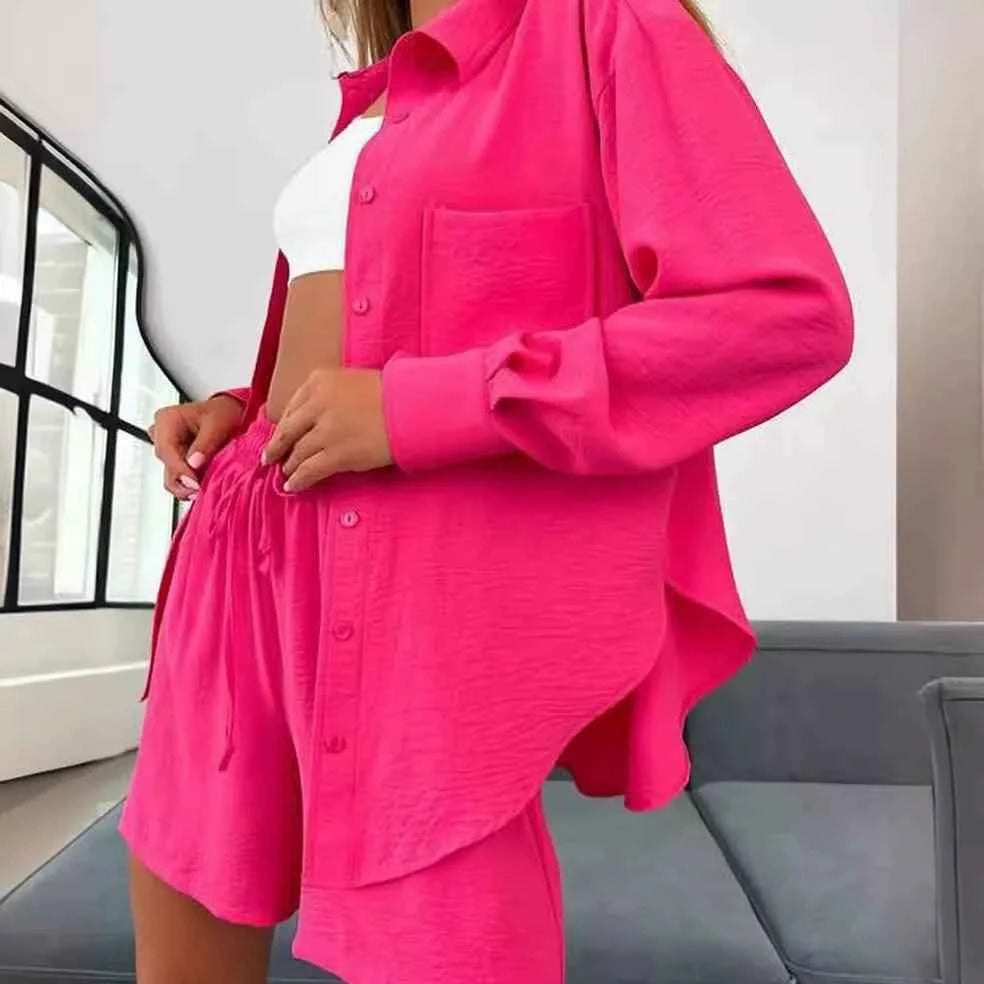 Three sisters 2025 New Summer Women's Solid Single breasted Long Sleeve Shirt Loose Fashion Casual Shorts Beach Wholesale suit