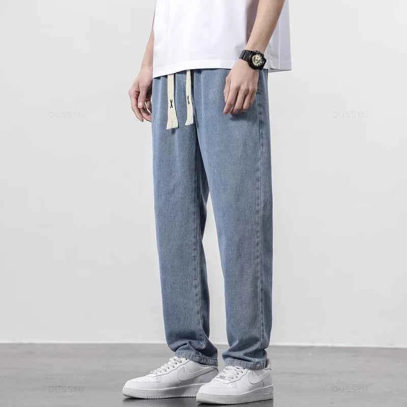 High Quality Fully Elastic Waist Men's Jeans Cotton Soft Drawstring Straight Pants Korea Casual Trousers Male Plus Size S-5XL