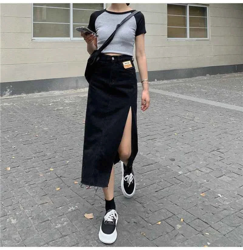 Streamgirl Maxi Jeans Skirt Women Denim Long Skirts Summer 2024 Vintage Maxi Skirt Side Split Denim Skirt Women Long Korean