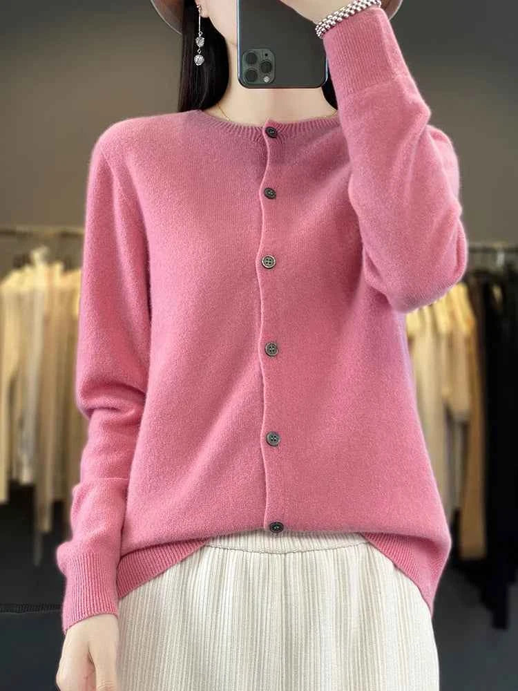 100% Merino Wool Sweater Women O-Neck Cardigan Basic Style  Buttoned Knitwear Female Casual Autumn Winter Soft Tops