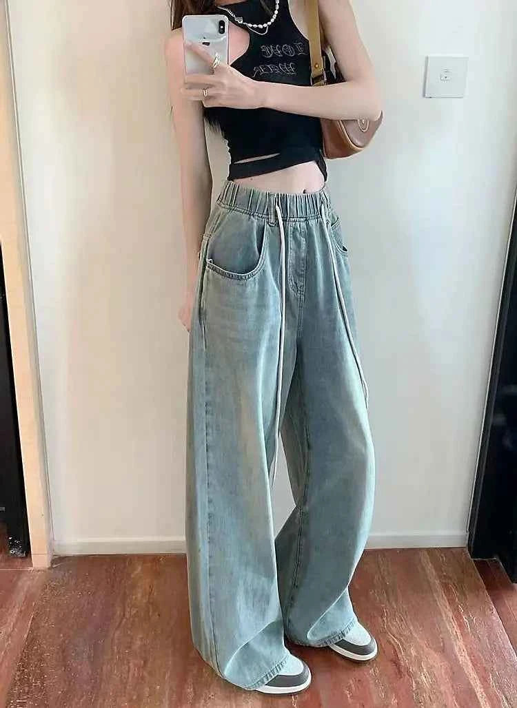 Waist Drawstring Jeans for Women in Spring Summer Korean Version Ins High Waist Slimming Student Straight Wide-leg Floor Pants