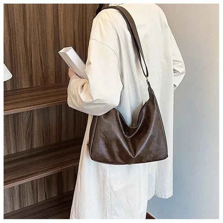 PU Leather Commuter Fashion Vintage Casual Tote Bag Maillard Stylish Crossbody Bags for Women Texture Large Capacity Temperament