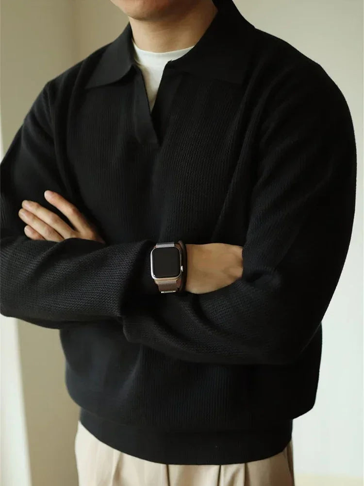 Fall Knitted Polo Shirts for Men - Casual Long Sleeve Turn-down Collar Jumper Tops - GONZALES ONLINE SHOP