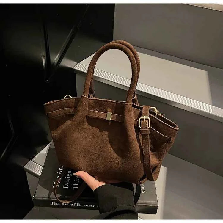 Matte Leather Suede Tote Handbags for Women Large Capacity Retro Shoulder Bag Fall Winter Belt Design Female Crossbody Bags
