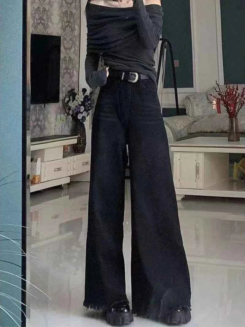 Black Wide Leg Jeans Women Autumn Vintage Raw Edge Tassels Bootcut Denim Pants Loose High Waist Streetwear Harajuku Trouser New