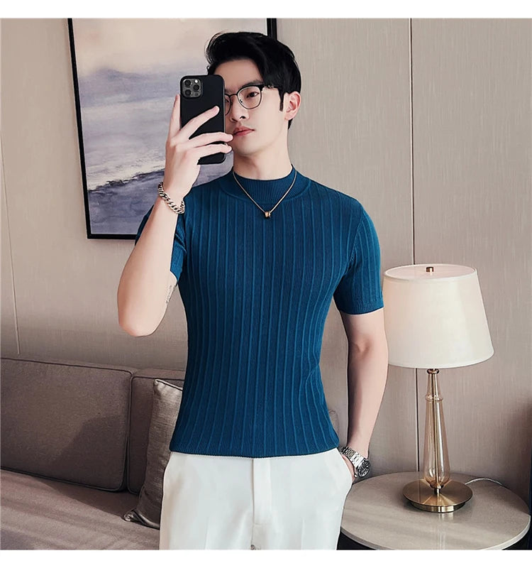 Men's High-End Casual Short Sleeve knitting Sweater/Male High collar Slim Fit Stripe Set head Knit Shirts Plus size S-4XL GONZALES ONLINE SHOP