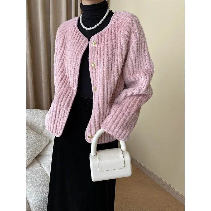 Water Ripple Luxury French Fake Fur Gray Women Coat Small Fragrance Loose Simple Long Sleeve O Neck Elegant Chic Casual Coat GONZALES ONLINE SHOP