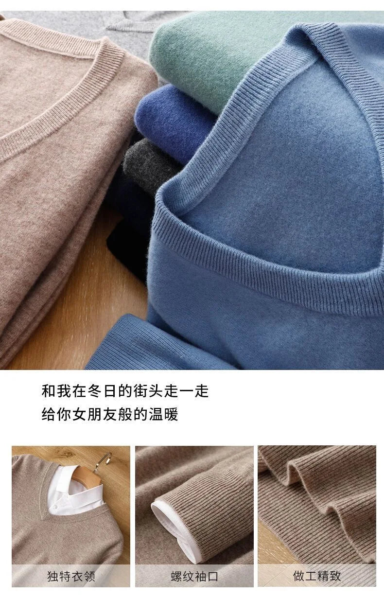 Men Soft Cashmere Sweater V-Neck Cold Resistant Pullovers Loose Knitted Shirt Autumn Winter Korean Popular Woollen Clothes GONZALES ONLINE SHOP