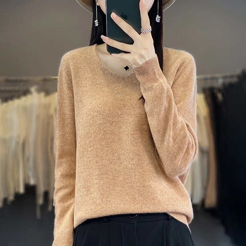 Women 100% Merino Wool Sweater V-Neck Basic Pullover Autumn Winter Cashmere Clothing Long Sleeve Soft Knitwear Tops Solid Color GONZALES ONLINE SHOP