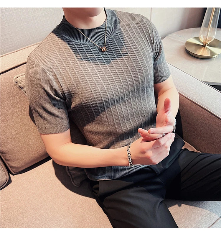 Men's High-End Casual Short Sleeve knitting Sweater/Male High collar Slim Fit Stripe Set head Knit Shirts Plus size S-4XL GONZALES ONLINE SHOP