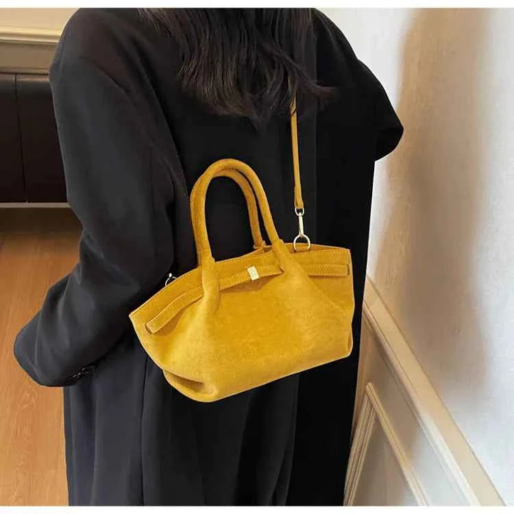 Matte Leather Suede Tote Handbags for Women Large Capacity Retro Shoulder Bag Fall Winter Belt Design Female Crossbody Bags