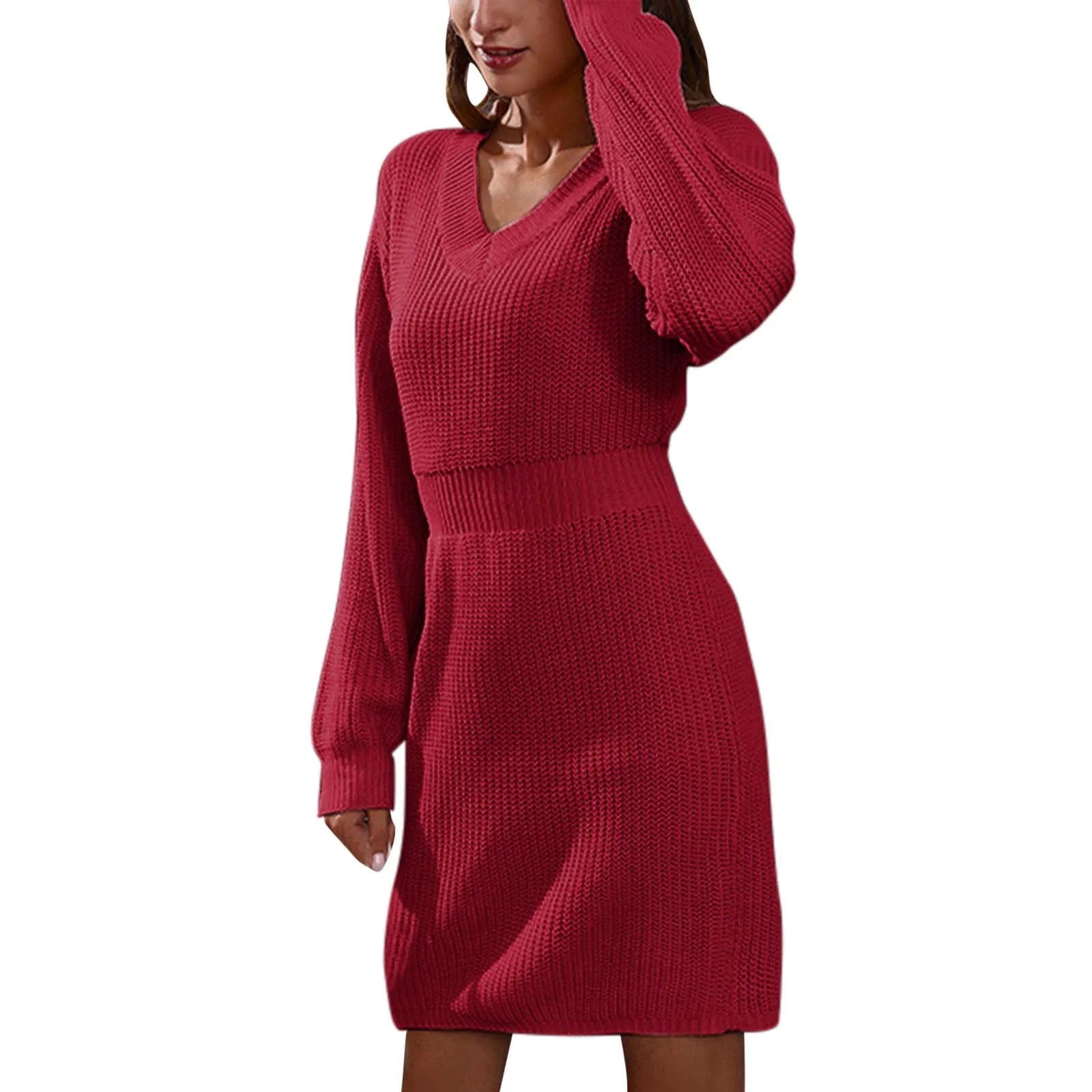 V-Neck Drop Shoulder Long-Sleeved Waisted Sweater Dress Feminine Temperament Knitted Dress Autumn and Winter New Dresses GONZALES ONLINE SHOP