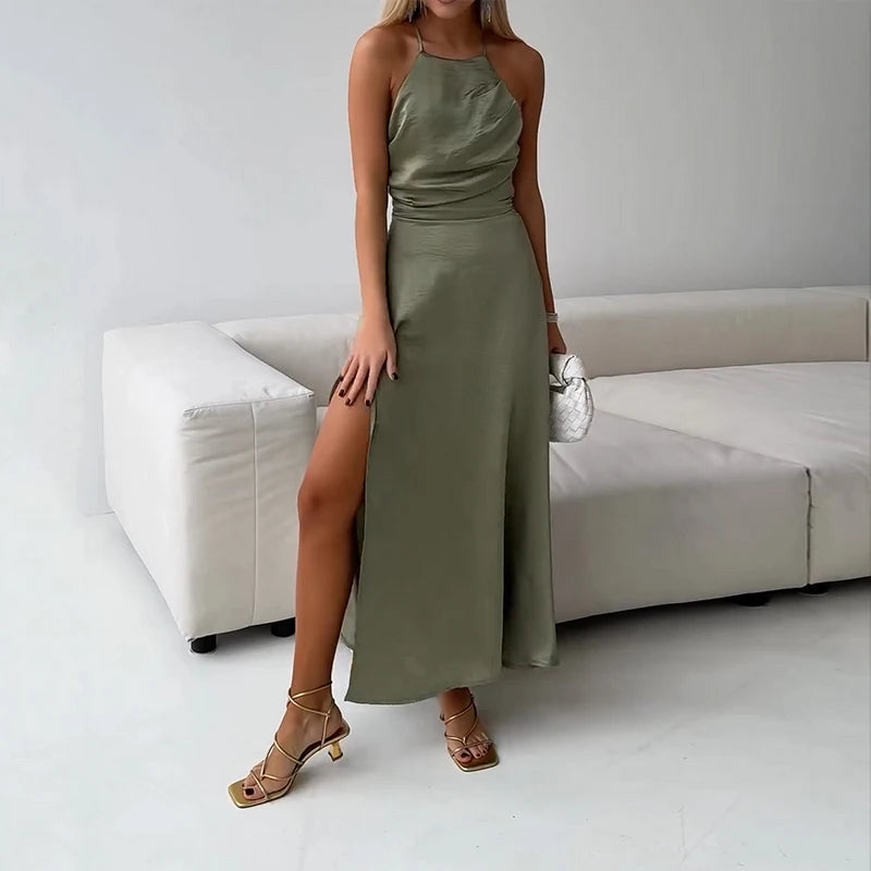 Ellafads Women Maxi Dress Summer Casual Elegant Solid Nipped Waist Sleeveless Backless Lace Up Slit Party Holiday Loose Dresses GONZALES ONLINE SHOP