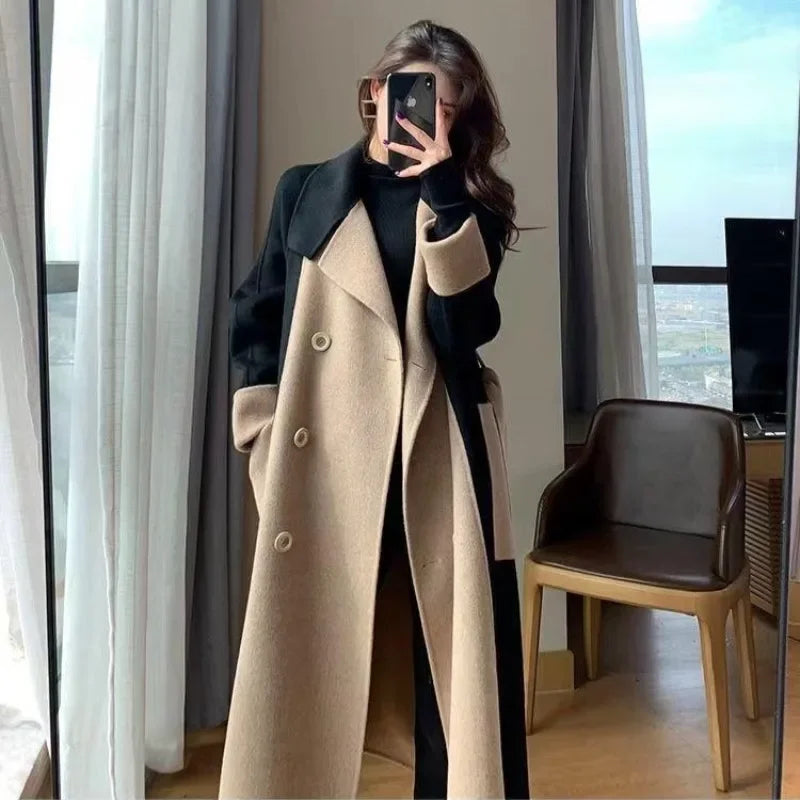 Women Patchwork Long Blends Coat Autumn Winter Turn Collar Single Breasted Coats Commute Elegant Parkas New Chic Warm Outwears GONZALES ONLINE SHOP