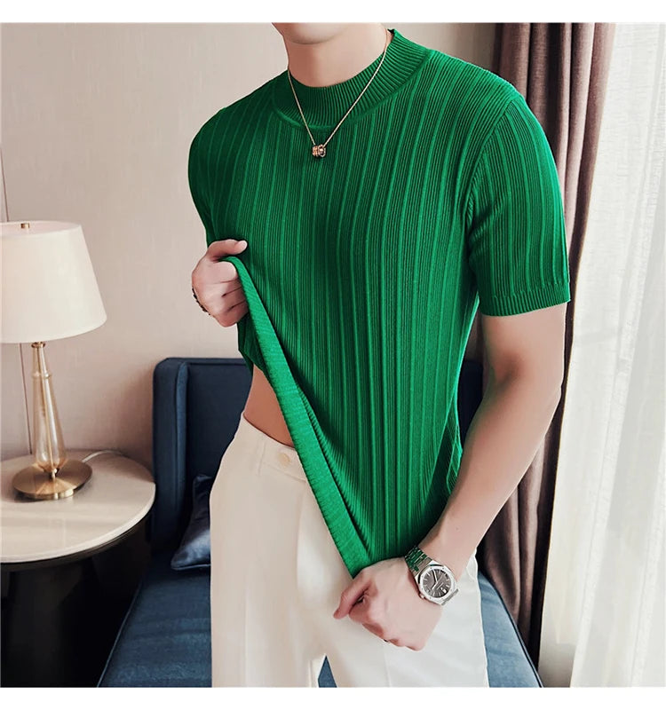 Men's High-End Casual Short Sleeve knitting Sweater/Male High collar Slim Fit Stripe Set head Knit Shirts Plus size S-4XL GONZALES ONLINE SHOP