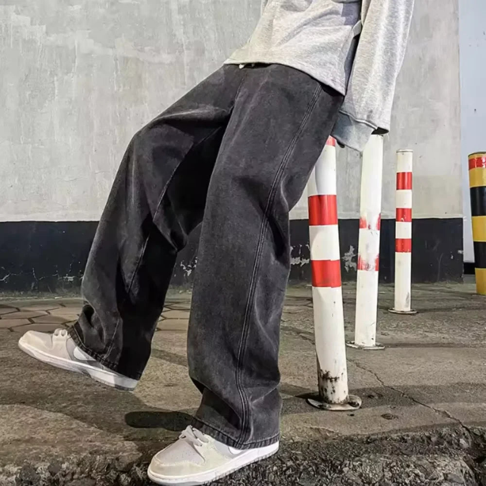 2025 New Streetwear Loose Jeans Men Korean Style Fashion Loose Straight Wide Leg Pants Men's Brand Clothing Black Light Blue 3XL