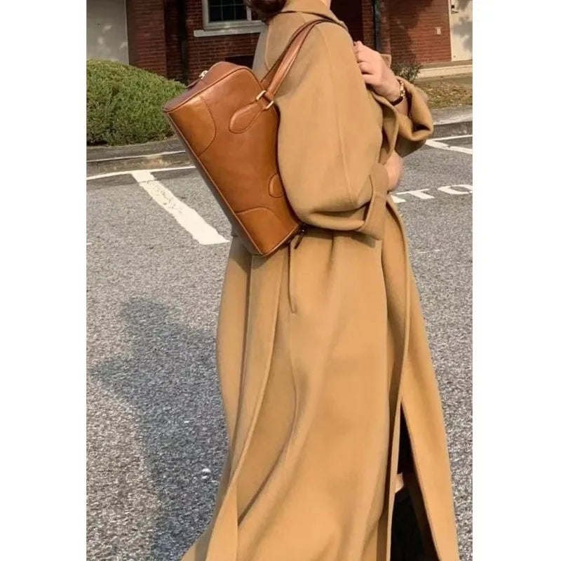 Women Elegant Long Woolen Coat with Belt Autumn Winter New Fashion Solid Lapel Long Sleeve Chic Outerwear Ladies Casual Overcoat GONZALES ONLINE SHOP